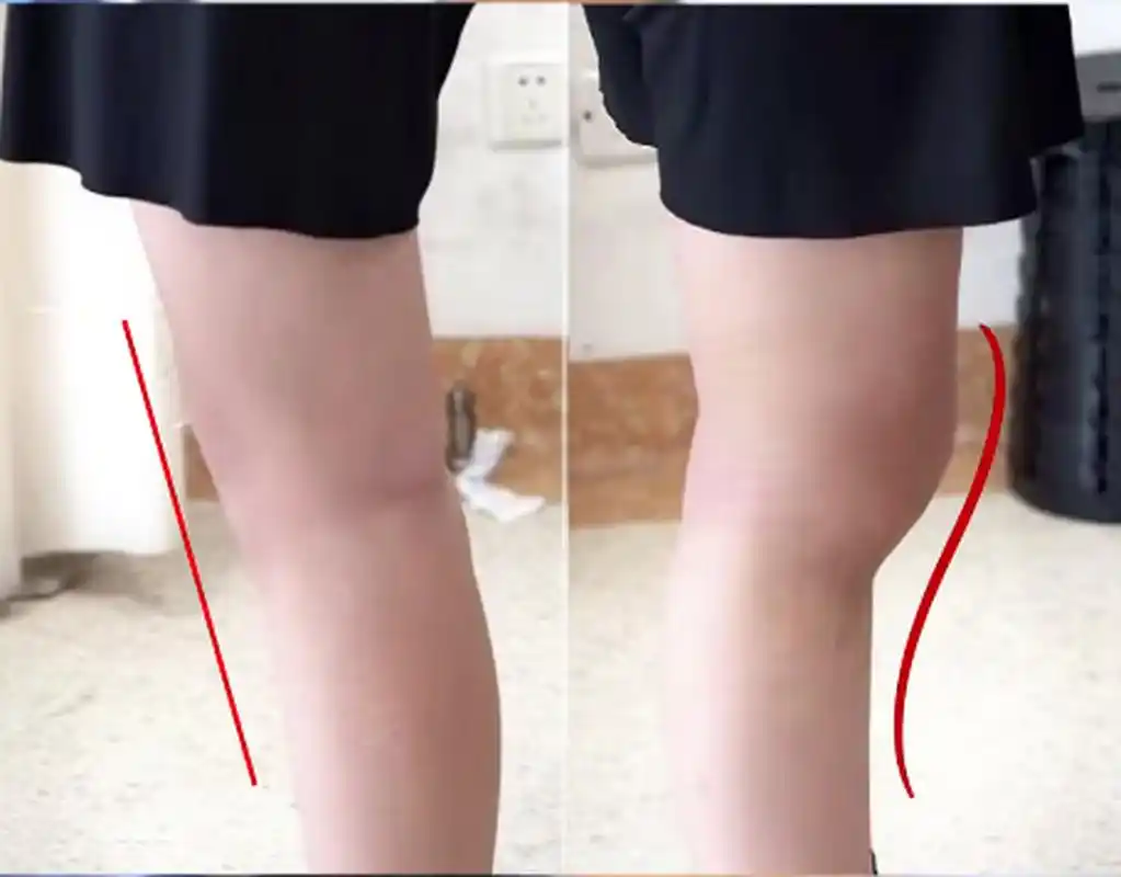 我们注意看她的膝盖,正常的腿,  从侧面看大腿和小腿基本上是平的.