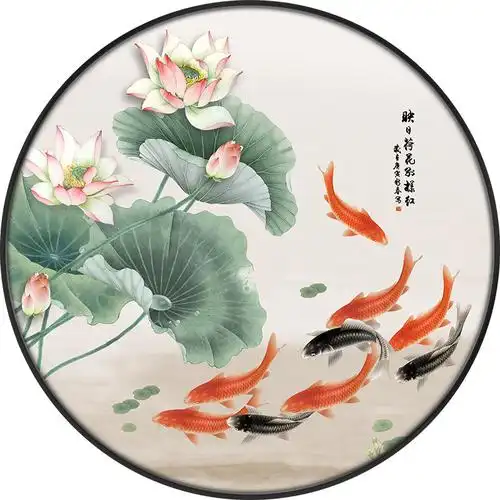 九鱼图玄关装饰画九鲤鱼风水招财墙画新中式荷花过道挂画圆形壁画
