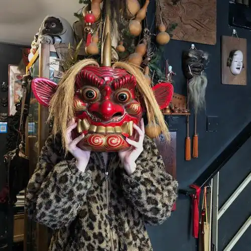 无动寺木雕面具修正鬼会面日本赤鬼神乐能面