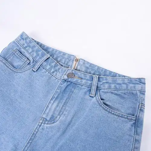 大屁股后拉链牛仔裤女显瘦高腰直筒九分裤免脱潮 浅蓝色 s