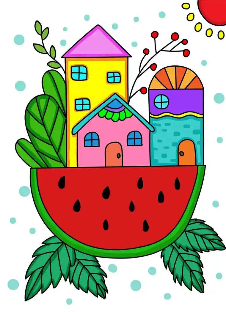 西瓜房子儿童简笔画教程.西瓜房子儿童简笔画教程,简单又好看, - 抖音