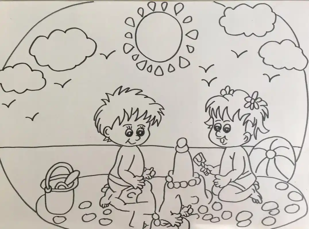 儿童简笔画-38.夏日玩沙(线稿) 今天没上色,画了线稿,加油,每天打卡