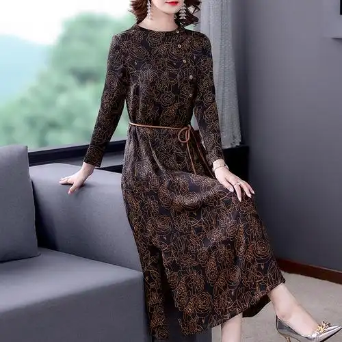 香云纱真丝连衣裙长袖早秋新款女高端品牌大牌贵夫人中年妈妈秋装