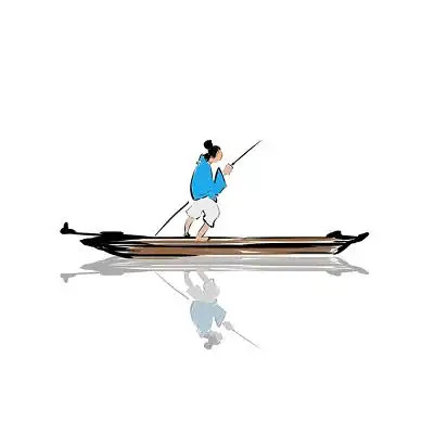 彩色原创古风中国风水墨渔夫渔船划船元素png素材