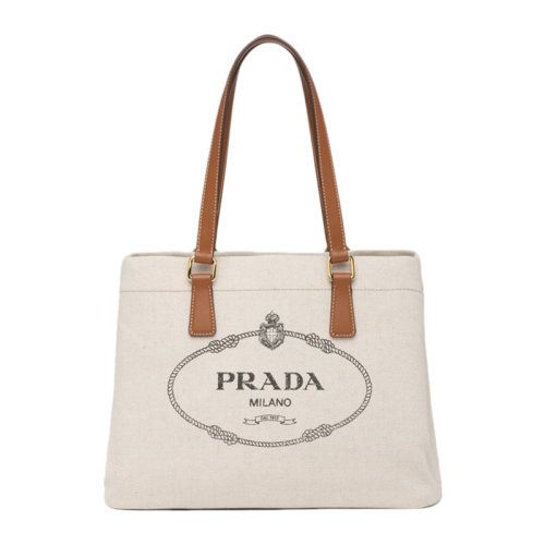 【包邮包税】prada/普拉达 女士米色棕皮革提手印花logo单肩包手提包