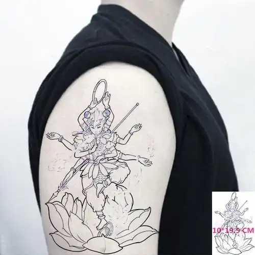 三头六臂哪咤纹身贴 防水持久逼真线条刺青色 莲花哪吒 男女花臂