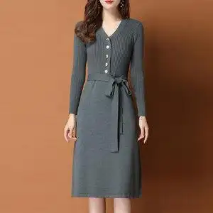 正品哥弟新款女装2021秋季修身气质v领系带长袖针织羊毛连衣裙女