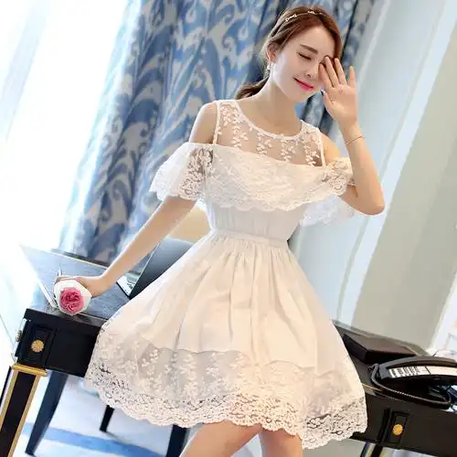 宝华4f 430-8313韩系蕾丝刺绣镂空连衣裙甜美纯色露肩公主裙