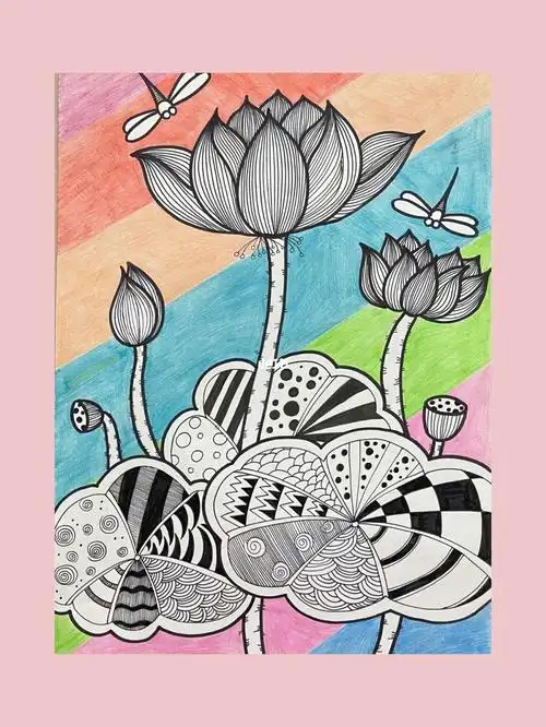 儿童创意美术绘画线描荷花