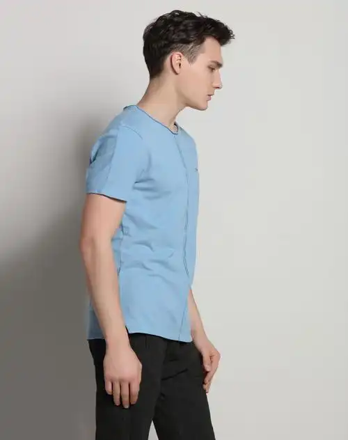 灰蓝色全棉纯色卷边圆领修身短袖t恤