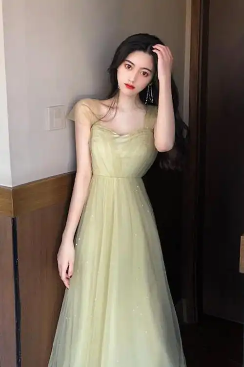 2019夏季新款时尚气质温柔长裙烫银网纱仙女收腰显瘦连衣裙女