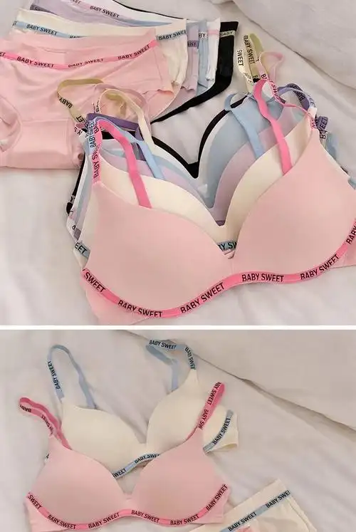少女时尚字母肩带无钢圈立体杯显胸内衣甜美多巴胺色系文胸内裤 - 17