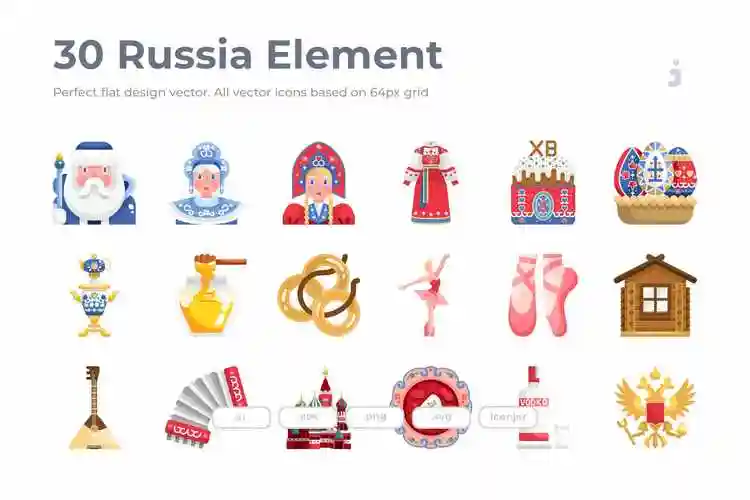 30枚扁平设计风格俄罗斯民族元素矢量图标30russiaelementicons–flat