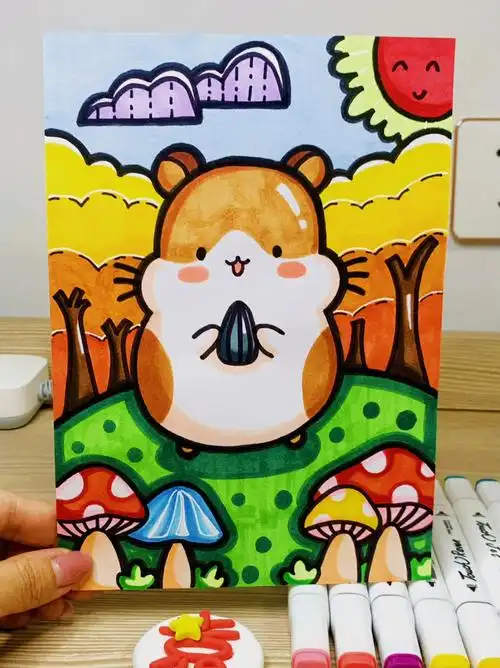 小仓鼠图片版马克笔手绘卡通儿童画附色号
