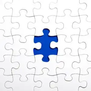 纯白色背景背景纯白色的拼图游戏,在蓝色背景上照片