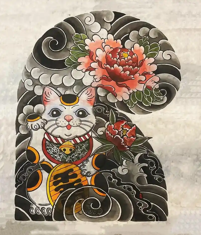 老传统招财猫牡丹云雾山石水浪半胛纹身手稿! #长春纹身 #日式老传统