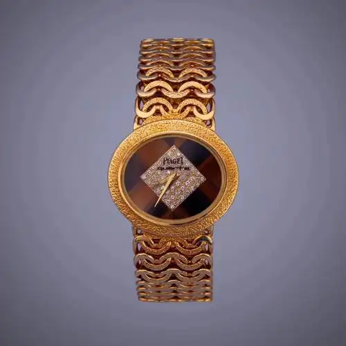 piaget伯爵18k金镶钻石石英女表虎眼石钻