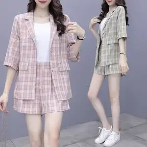 格子西装短裤套装女韩版春季2021小个子洋气职业时尚减龄两件套女