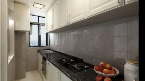 米黄色吸塑橱柜与黑金沙台面