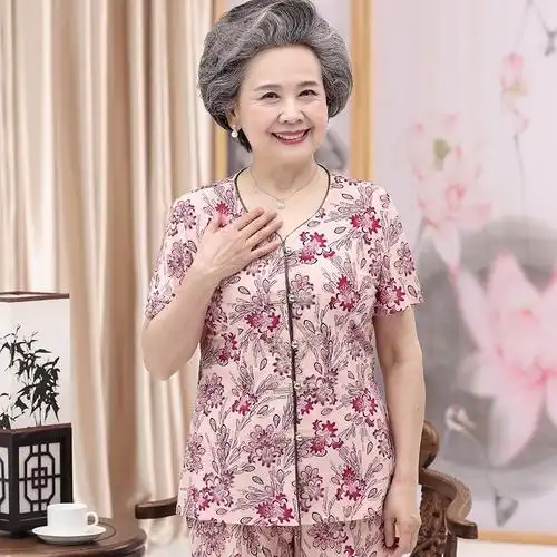 莎丞(shachen)中老年女装 奶奶装套装夏装女老人短袖衬衫中老年人女装