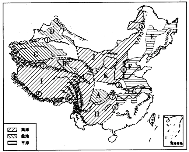 3,在图上填出我国四大高原,四大盆地,三大平原和三大丘陵.