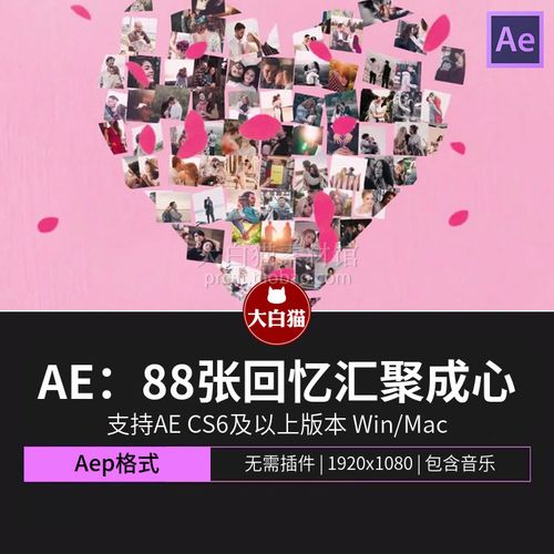 ae模板 88张图片照片散落汇聚成心形花瓣浪漫情人节婚礼视频模板