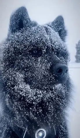 一只2岁的欧亚大陆犬在风雪中眼神坚毅酷