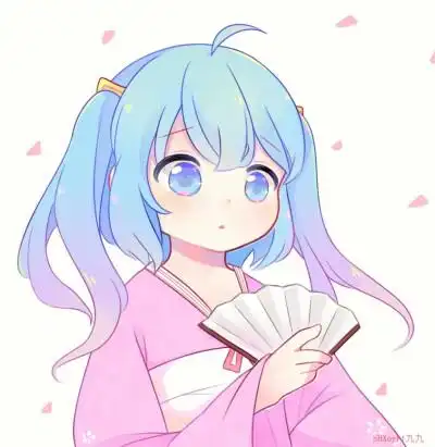 马尾/蓝头发/和服/小清新/q版/扇子/樱花/渐变/紫/板绘/sai/绘画/同人