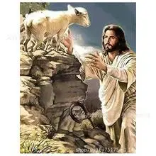 5d钻石画diy满钻十字绣贴钻画耶稣与小羊宗教马赛克装饰帆布画