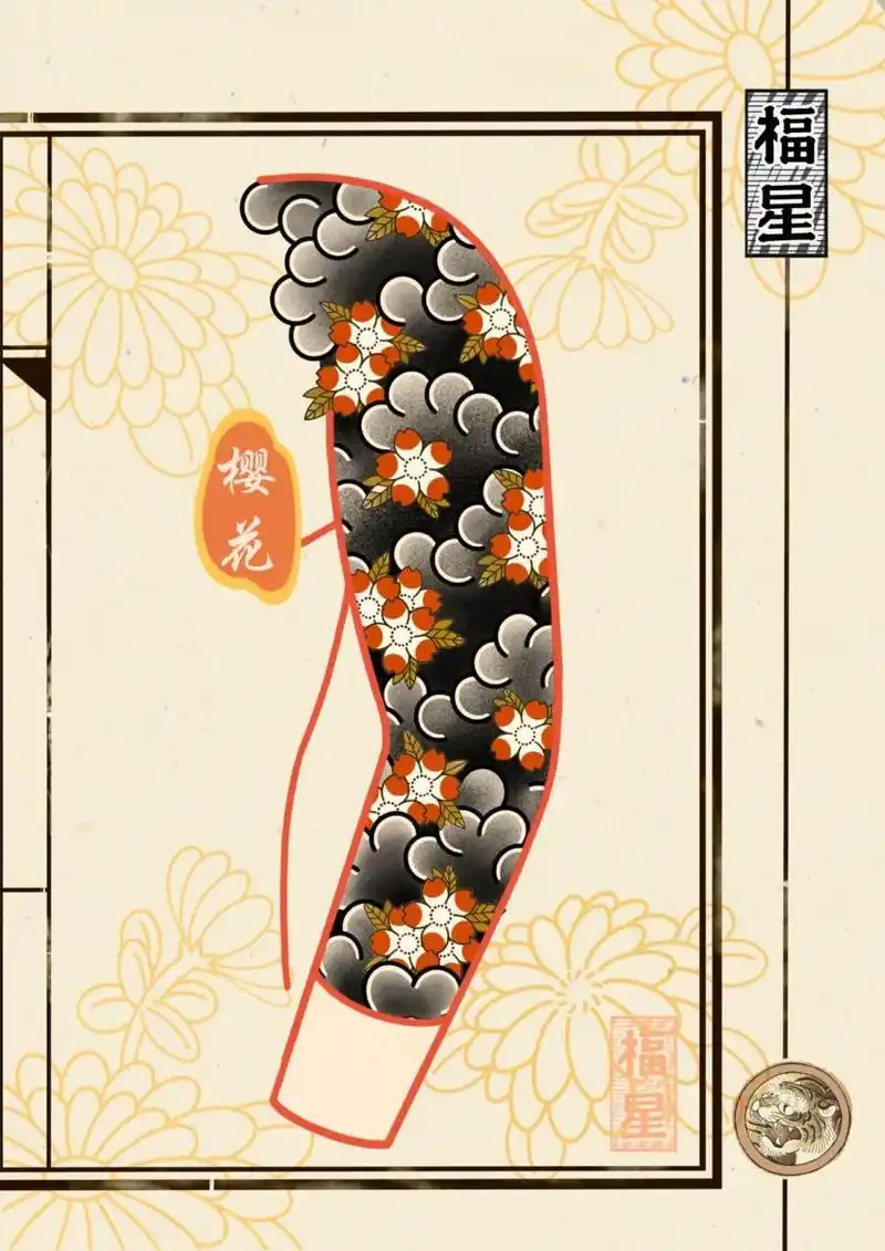 2 樱花 泡泡云 七分袖 纹身 手稿 配色 :朱红 土黄 画稿仅用于学习