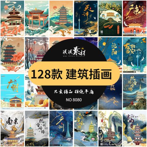 中国风国潮城市筑海报插画创意新印象psd设计素材扁平风古建地标