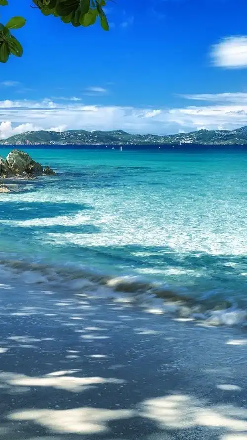 iphone 壁纸 海岸,海滩,海,树,山,蓝色的天空