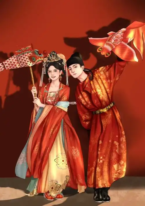 婚礼手绘唐风婚纱照手绘氛围感满满