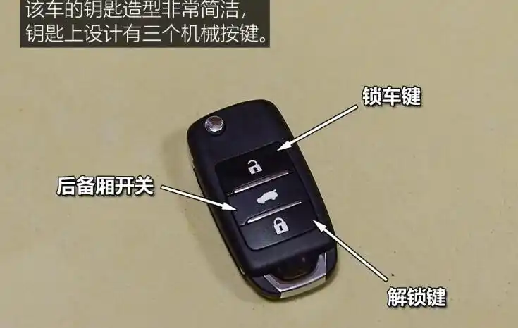 钥匙上设计有三个机械按键,对应的功能方便是锁车键,后备箱开关,以及