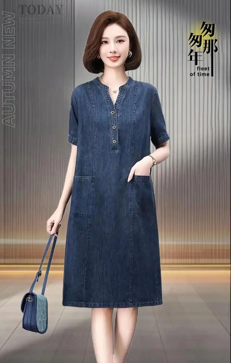 2025夏季妈妈宽松裙来啦!这款薄款短袖牛仔连衣裙,不仅透气