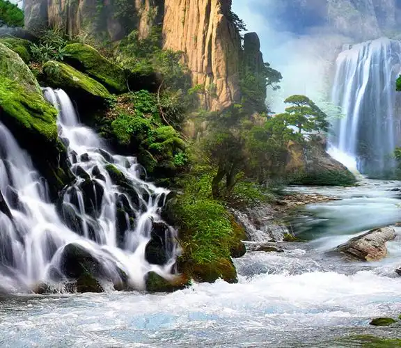 采吖100%精准印花丝线十字绣迎客松流水生财山水风景画客厅最新款