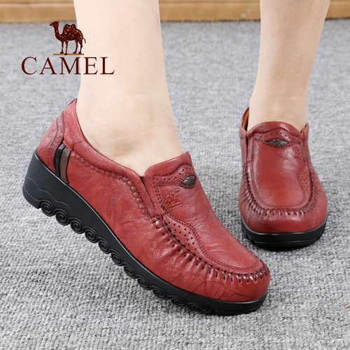camel/骆驼女鞋春秋季款真羊皮套脚坡跟式中年舒适休闲妈妈单鞋子