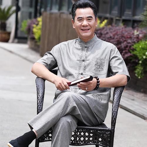 栩心适合40岁50岁60岁中老年男人穿的爸爸短袖衬衫夏季唐装男爸爸装亚