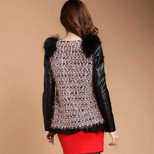 荻莎2012冬装新款肩毛领皮袖针织打底裙短外套d12sw080 粉红色 l