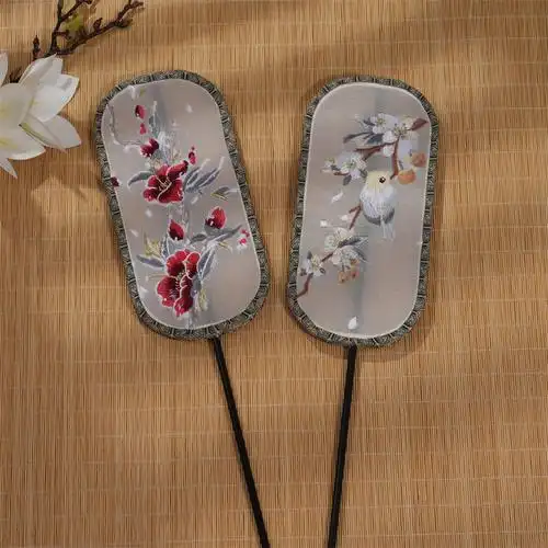 古风刺绣团扇便面长方形冬瓜扇子旗袍中国风儿童舞蹈扇长柄绣花扇