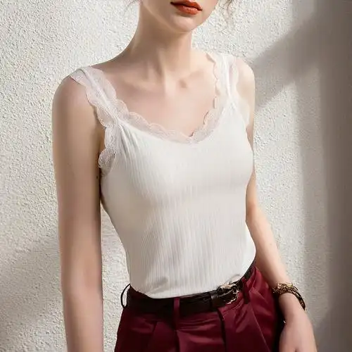 上衣夏季吊带女背心蕾丝修身薄美背性感弹力条纹冰丝无袖法式