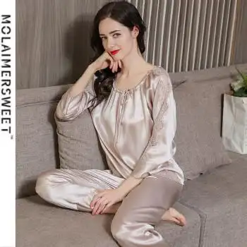 molaimersweet真丝睡衣女夏季长袖两件套装蕾丝桑蚕丝丝绸家居服女