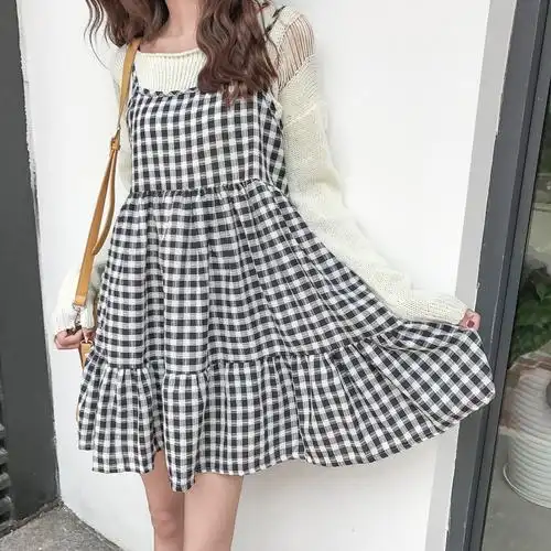 复古格子黑白吊带连衣裙 1015# 实拍 实价