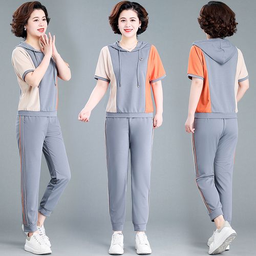 中年妈妈夏装休闲短袖两件件套40岁中老年女装中老年女装