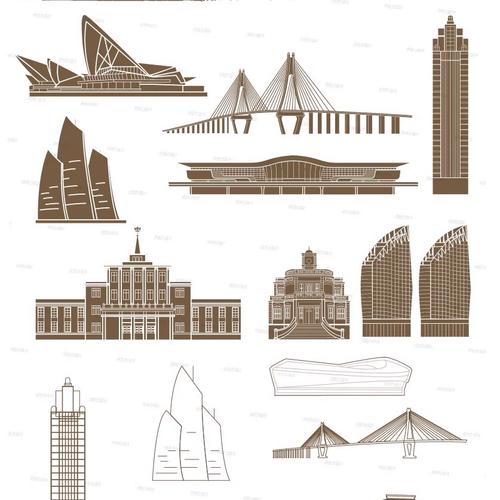 湛江广东建筑插画手绘城市景点剪影设计旅游天际地标线条描稿素材