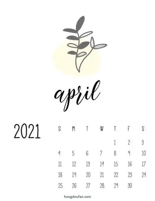 带有简单叶子的2021april四月空白日历