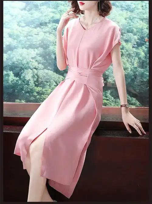 真丝丝绸新款连衣裙女中长款收腰减龄粉色时尚夏款女