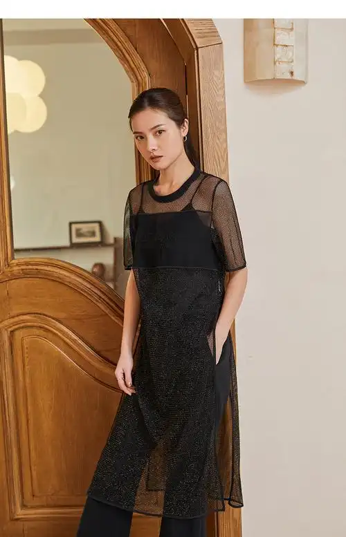 9上新】艾莱依时尚高开叉网眼连衣裙女2021夏新款个性宽松半透短袖