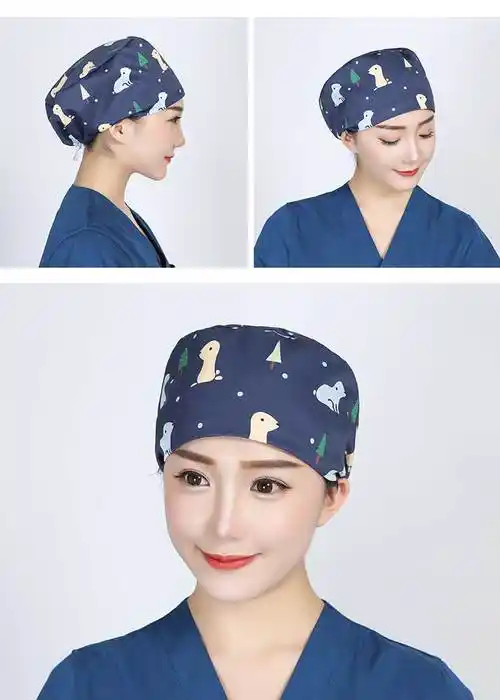 女透气可爱薄款男医生手术室帽子护士帽圆帽松紧款定制款 蓝底可爱