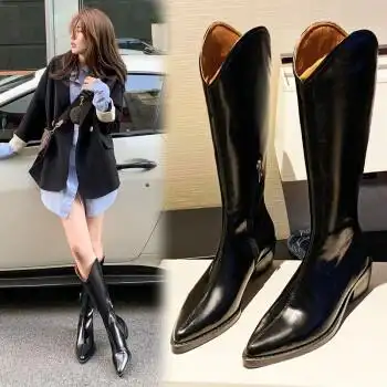 蓝马公主全牛皮靴子西部女靴2021秋冬新款马靴尖头中高筒长靴女长筒靴